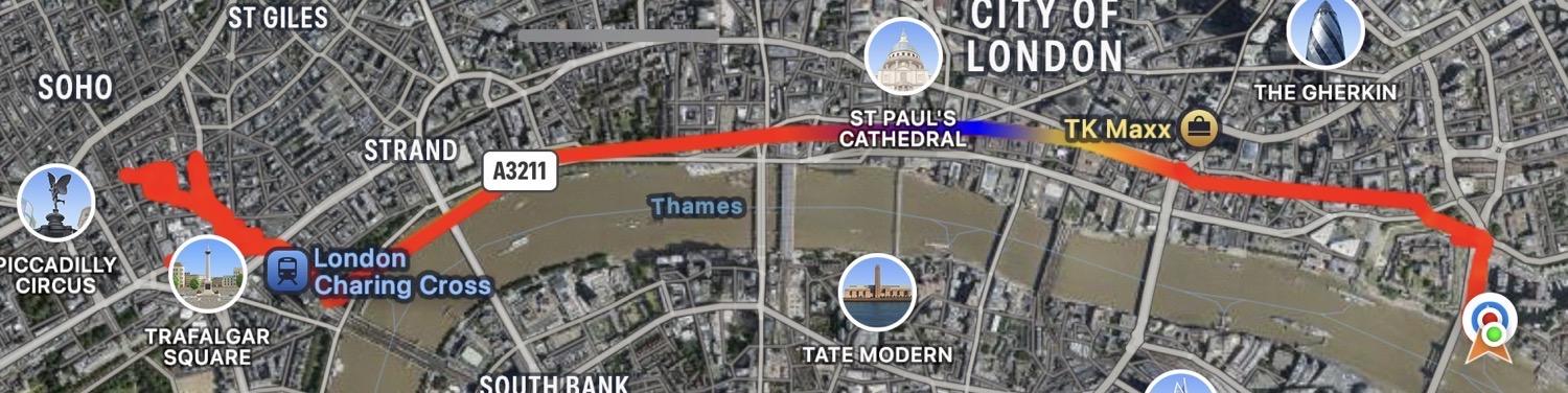GPS track log map of our tube ride out to the West End and wandering around the museums before the evening show.