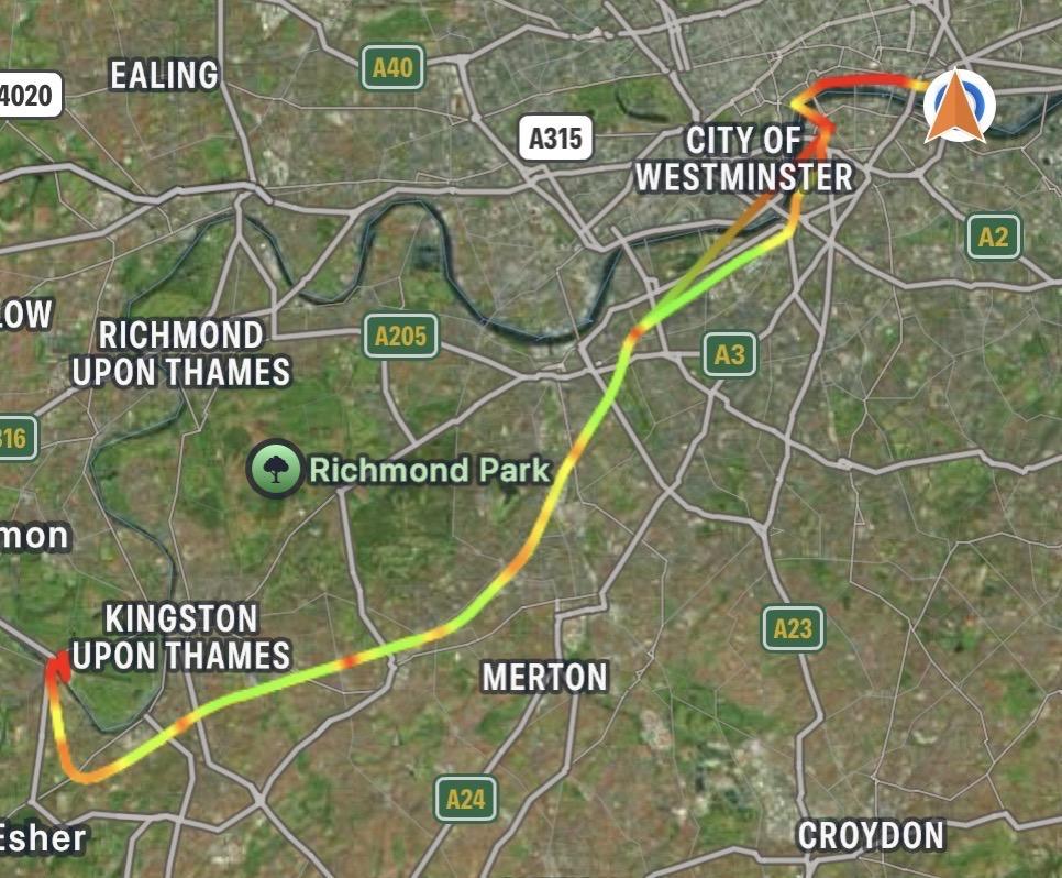 GPS track log map of our train journey from central London out to Hampton Court and back.