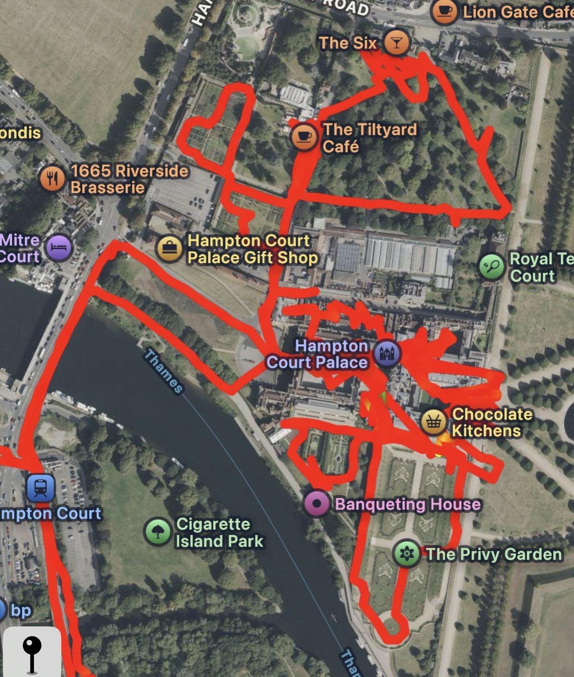 GPS track log map of our wandering around the Hampton Court grounds.