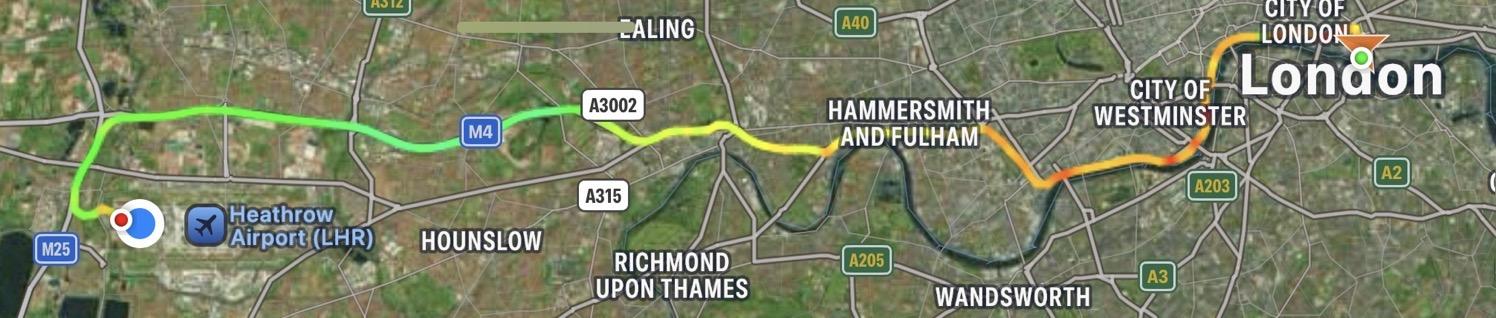 GPS track log map of our cap ride from near the hotel out to Heathrow airport.