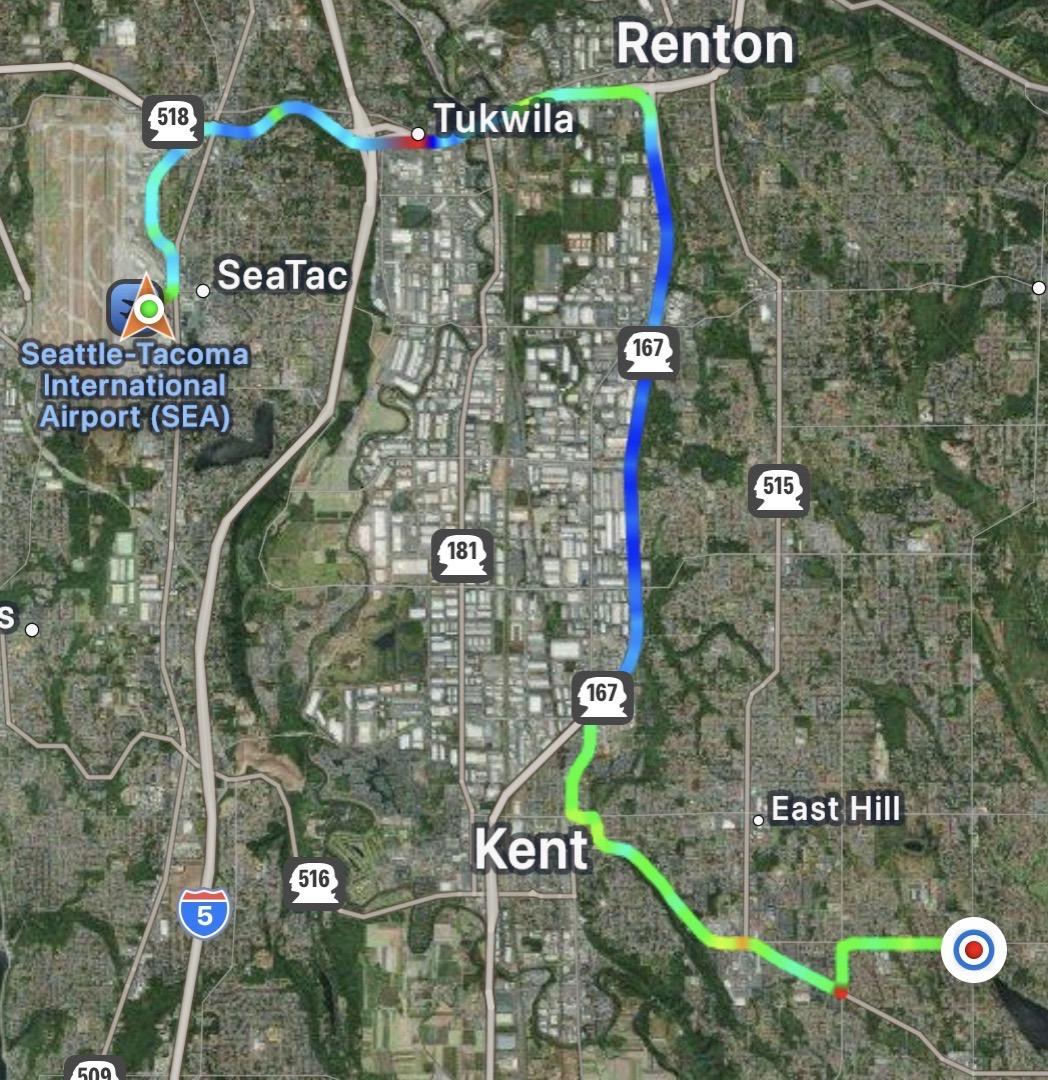 GPS track log of our Lyft ride from the SeaTac airport to our home in Kent.