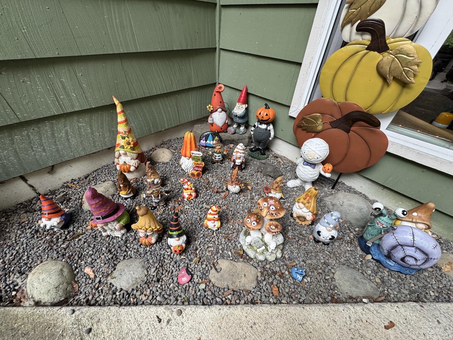 A triangular gravel section in an outdoor corner of a green-painted home, filled with a number of fall- and Halloween-themed garden gnomes.