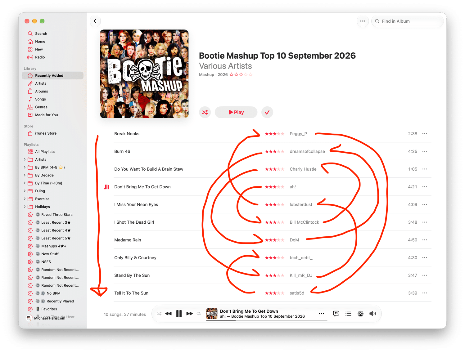 Screenshot of Apple's Music app showing a 'Bootie Mashup Top 10 September 2026' album. The tracks are listed alphabetically by track title, but red arrows show how they play alphabetically by artist.